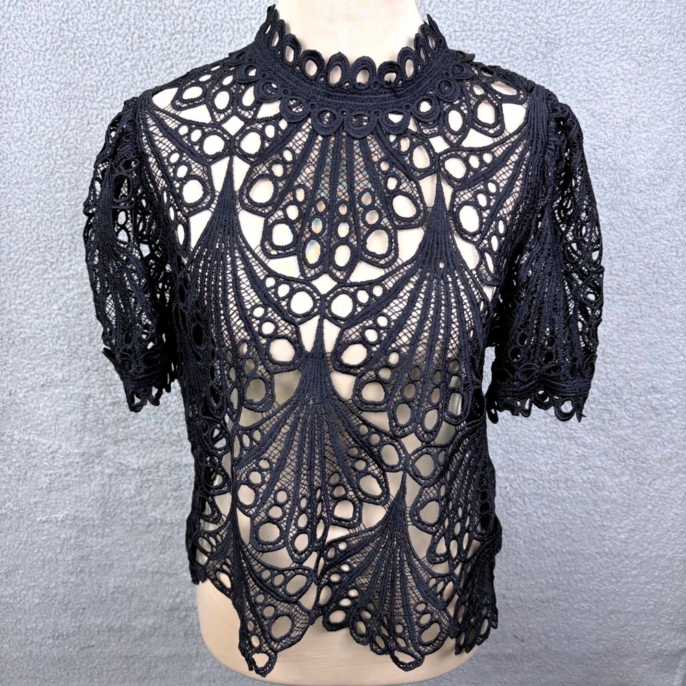Blashe Black Openwork Top Women L Witchy Whimsigoth Fairy Goth Back Zip Blouse